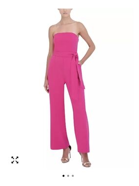 Strapless Fuchsia Wide-Leg Jumpsuit with Waist Tie Belt BCBG Size 8